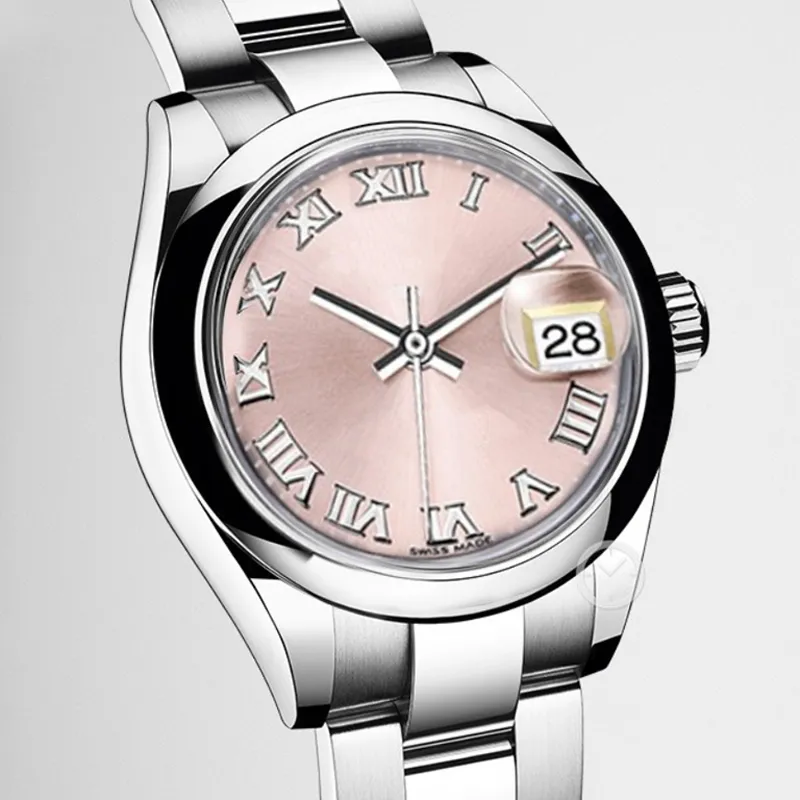 Classic 28mm Pink Women's Watches Automatic Mechanical Stainless Steel Strap Fashion Ladies Watch Roman Numeral Clock Gift222z