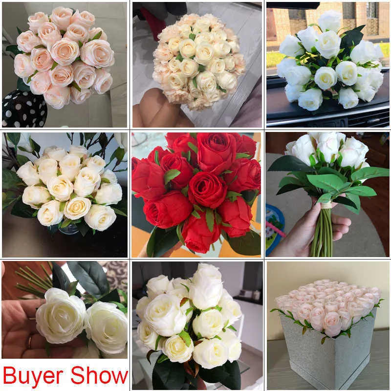 18 unids/lote de flores artificiales rosas, ramo de boda, flor de seda para decoración de fiesta en casa, Navidad falsa 210831
