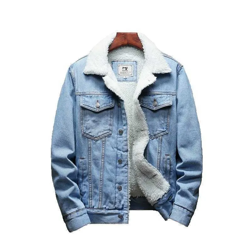 Winter Retro Men Light Blue Jean Jackets Outerwear Warm Denim Coats Large Size Fleece Padded Jacket Top 210923
