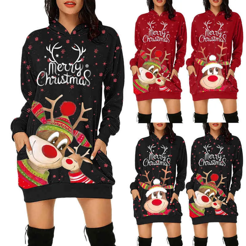Sudaderas con capucha con estampado navideño para mujer, bolsa de vestir, bolsillo a la cadera, sudaderas con capucha de manga larga, sudaderas a la moda, vestido con bolsillos, vestido informal Y1204