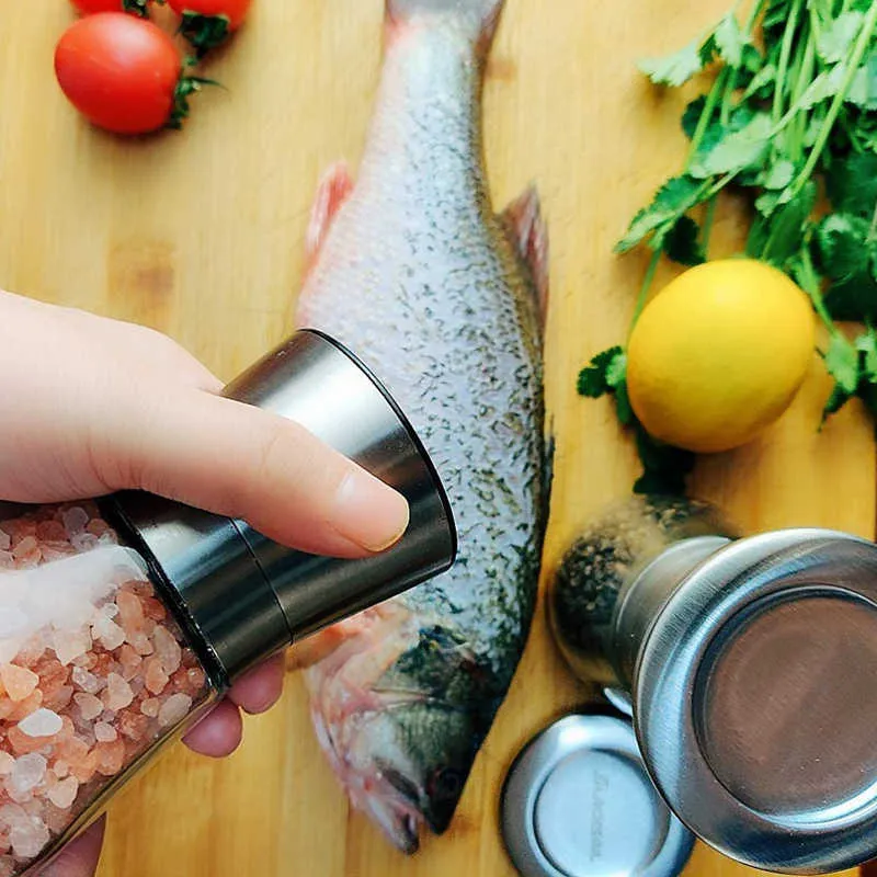 Pepparkvarn eller saltskakare för professionell kock Spice Mill med borstade rostfria keramiska blad och justerbar 210712