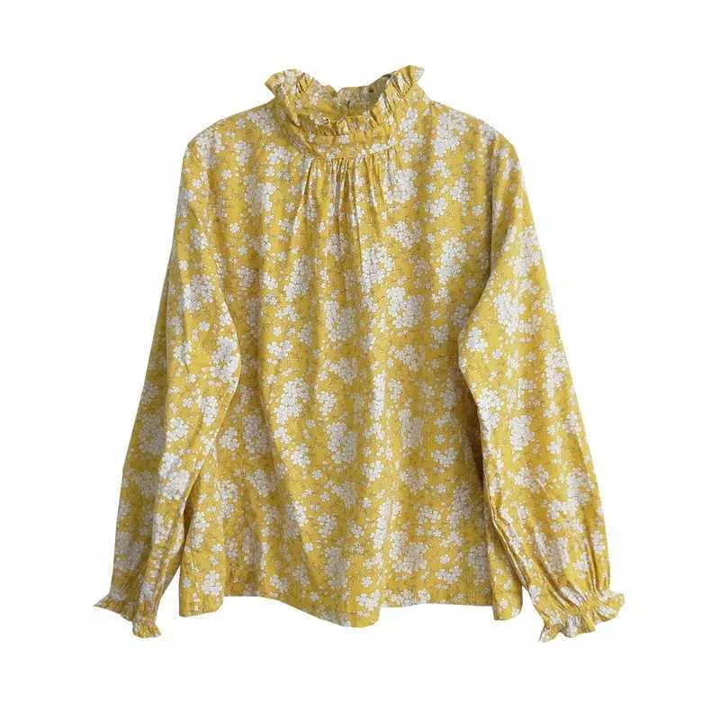 Johnature Women Print Floral T-Shirts Cotton Sweet Spring Turtleneck Long Sleeve Mori Girl Casual 210720