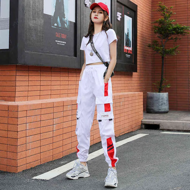 YBYR damskie spodnie Cargo z wysokim stanem moda sportowa luźna, patchworkowa w stylu harajuku BF gumki spodnie Streetwear 211124