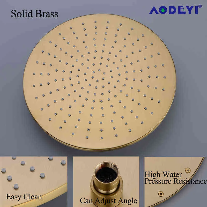 Mässing Svart Badrum Högtryck Regn Dusch Huvud Vägg Tak Rund Bad Rainfall Topp Dusch Tillbehör Borstat Guld H1209
