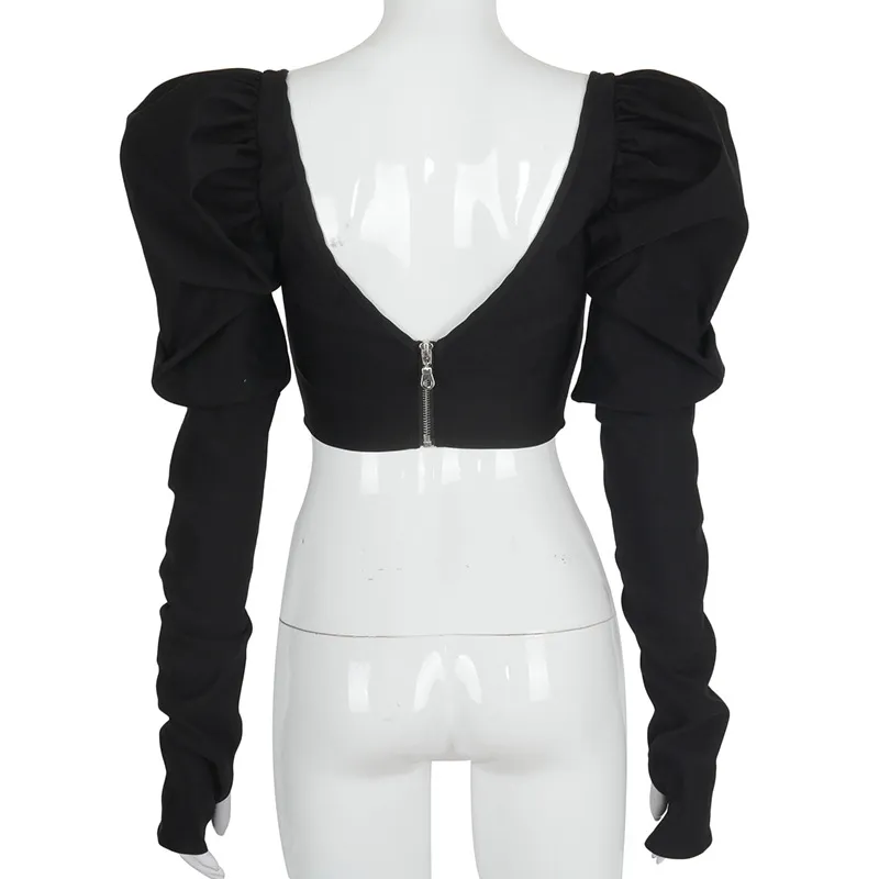 Abbigliamento crop top da donna collo quadrato cerniera posteriore maniche a sbuffo nero party club casual streetwear primavera estate