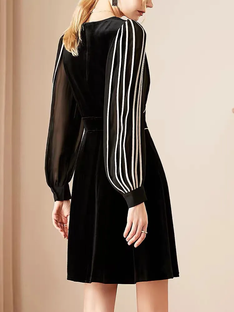 elegante velluto nero patchwork maglia manica lunga O-collo A-line lady primavera autunno mini abito donna casual quotidiano plus size 210421