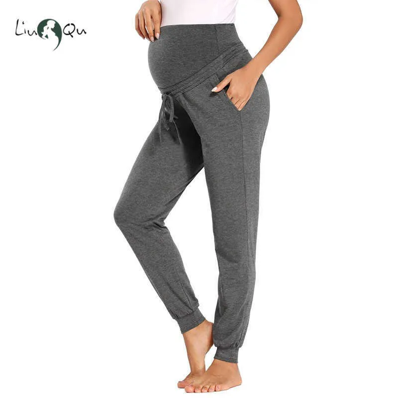 Mulheres maternidade activa calças cordão yoga corredor treino gravidez sworkwear sweatpants com bolsos roupas grávidas 210918