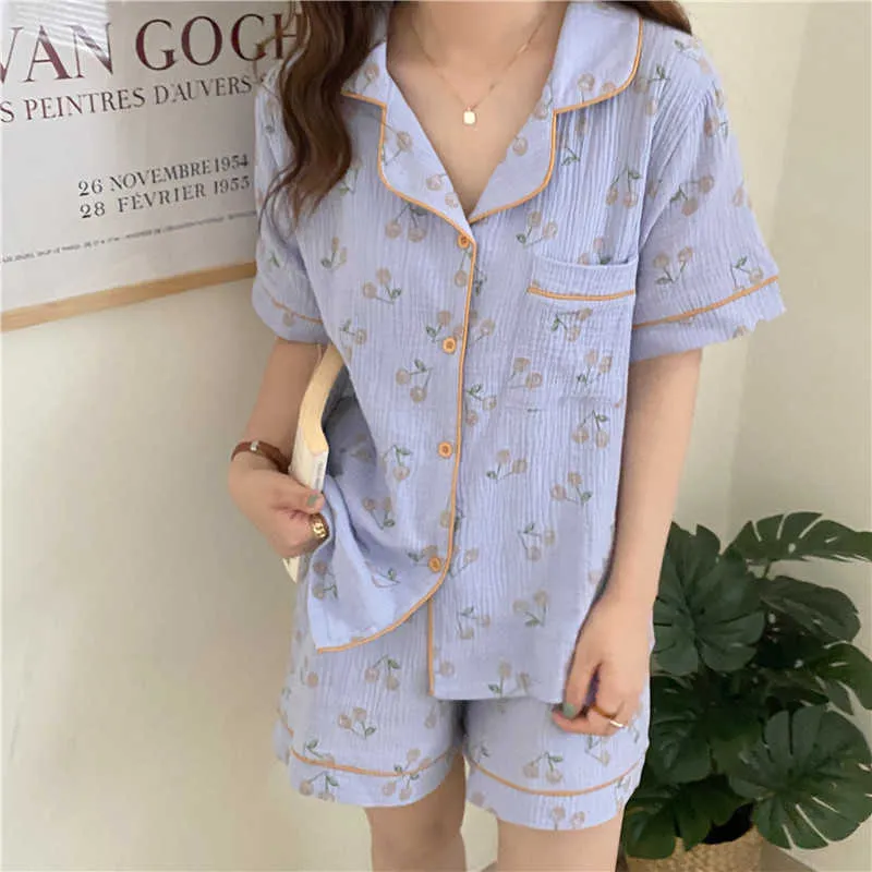 Cómodas niñas impresión delgada moda verano femme dulce casual algodón suave ropa de dormir pijamas sueltos conjuntos 210525