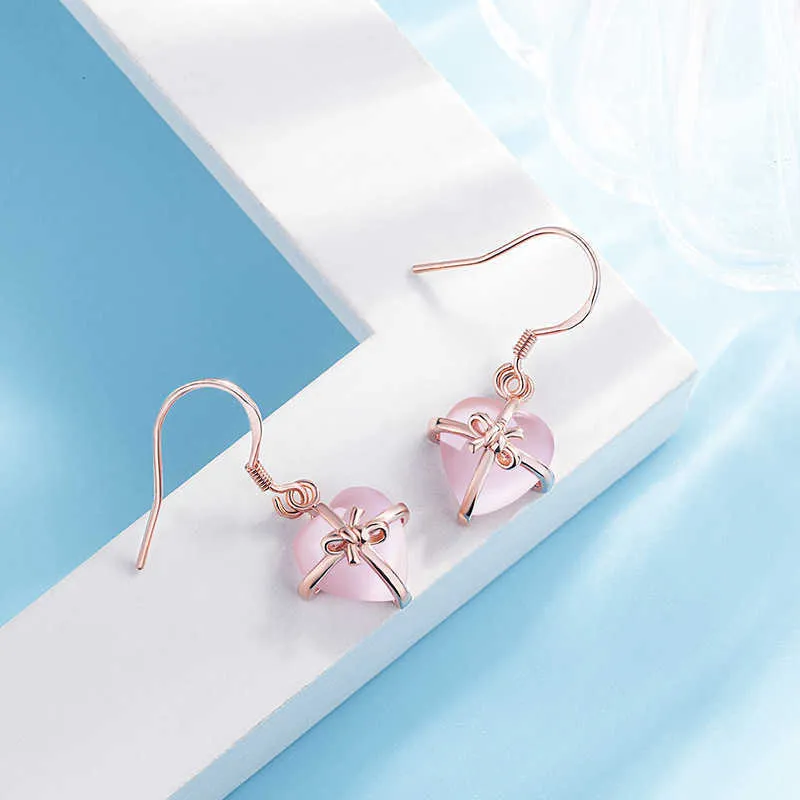 Kvinnor Örhängen Dangle Crystal Silver Plated Natural Heart Pink Rose Standard Smycken Drop Style