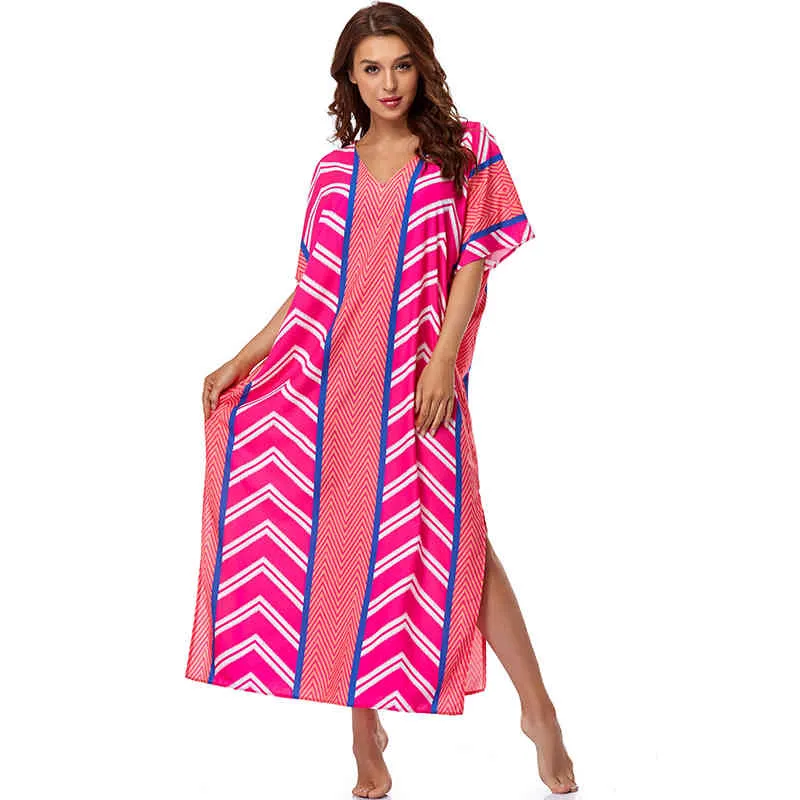 Sexy gestreiftes gerades Mädchenkleid mit V-Ausschnitt Rosa Maxi-Damenkleider Strandkleidung Plus Size Frauen Sommerparty-Vertuschungen Q1247 210420