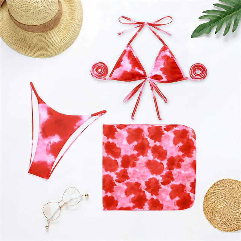 GNIM Bandage Trinagle Badeanzug Frauen mit Schal Sexy Print Bikini Set Beachwear Bademode 3 Stück Top Verkauf Badeanzug 210722