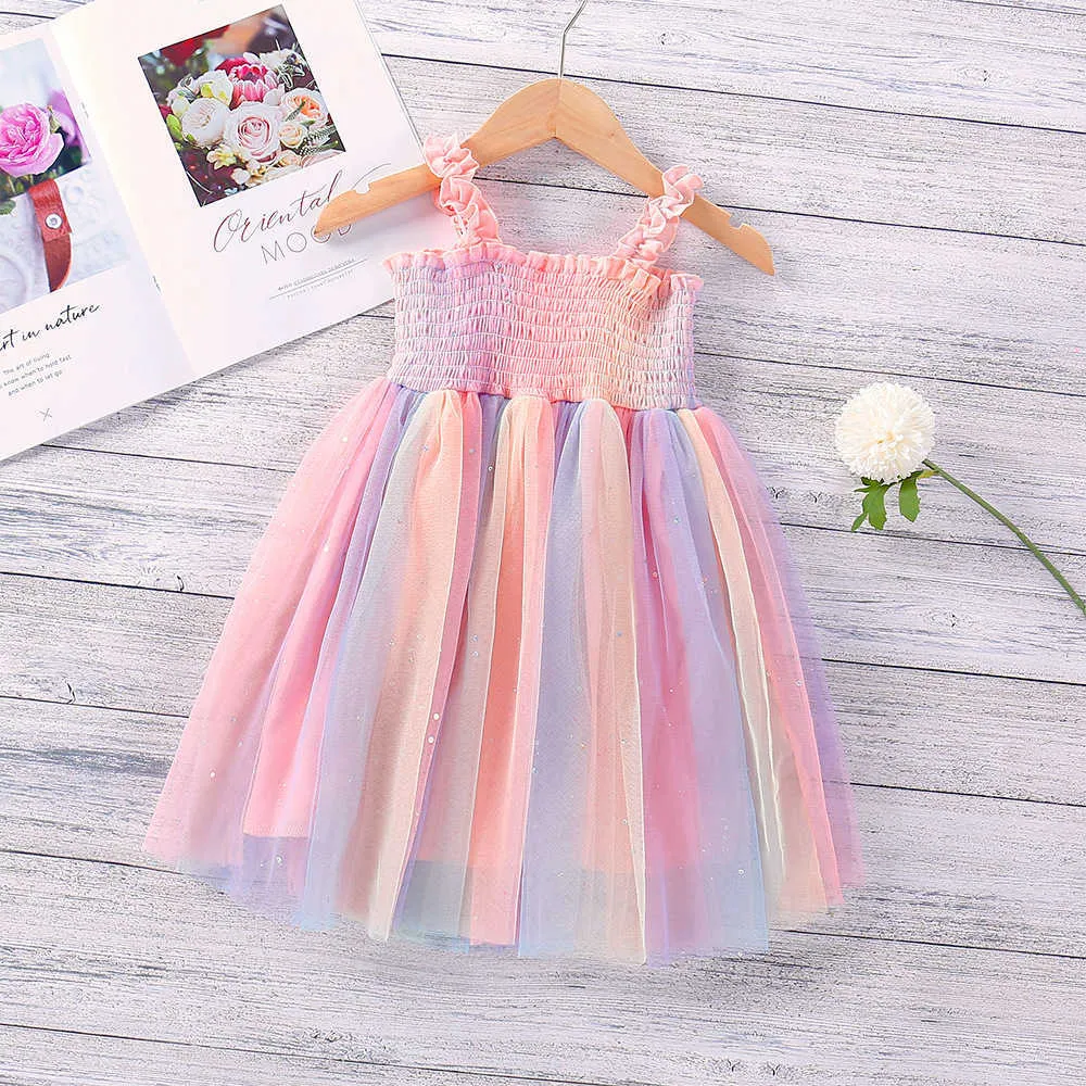 Petites filles arc-en-ciel Tulle robe pour enfants robe d'été belle princesse Tutu vêtements Ins mode 210529