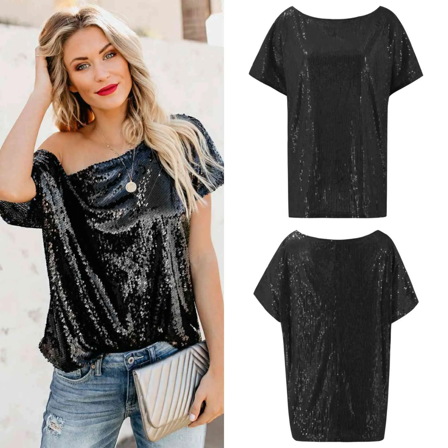 Kobiety Sequined Tee Shirts Off Ramię Glitter Sparkle T Shirt Krótki Rękaw Summer Topy Kobiet Różowy Niebieski Czarny Duży Rozmiar Panie 210416