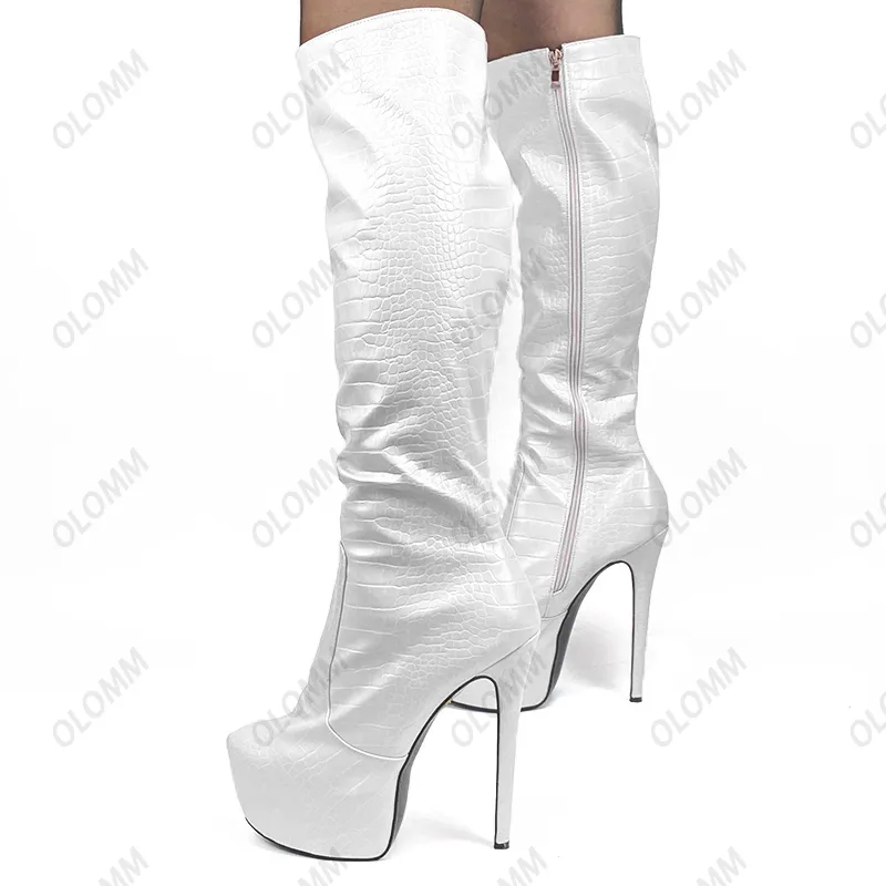 Rontic, botas hasta la rodilla de invierno hechas a mano para mujer, tacones de aguja sexis, punta redonda, fabulosos zapatos de vestir de oro rosa y blanco, tallas grandes de EE. UU. 5-20