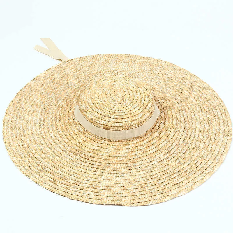 15 cm breiter Krempe Strohhut Flat Top Summer Strandhüte für Frauen Ribbon -Hut Sonne Graues rotes Rosa Blau mit Kinngurt 26112886