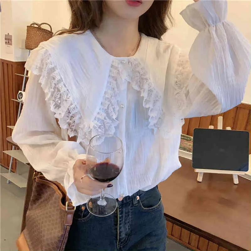 Camicia vintage chic colletto alla Peter Pan primavera pizzo solido sciolto moda tutte le partite casual streetwear camicette 210525