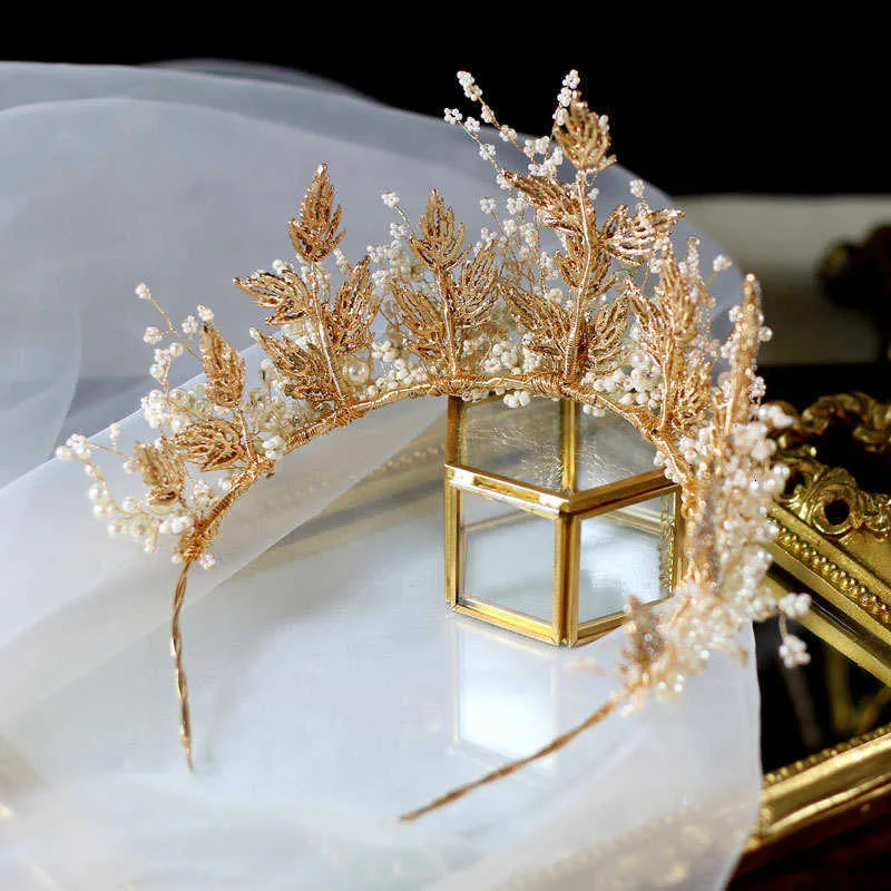 Moda Luksusowa Korona Ślubna Opaska Bridal Tiara Diadama Perła Biżuteria Złoty Kolor Akcesoria do włosów Kobiety Headpiece X0625