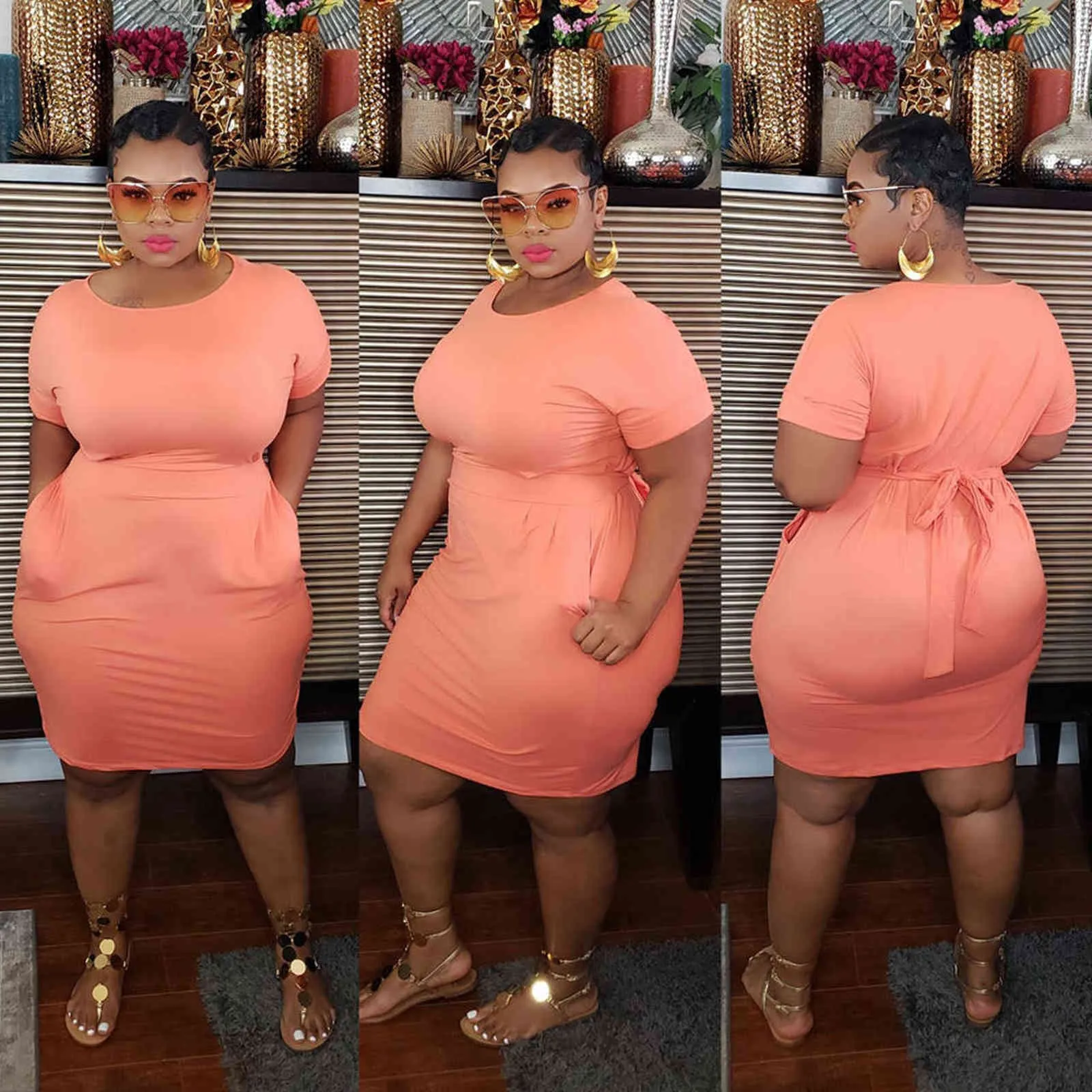 4xL 5xLプラスサイズのドレスのための女性脂肪因果的プレーンオレンジ色の半袖夏のサッシラウンドネックニーレングスドレスMidi 211116