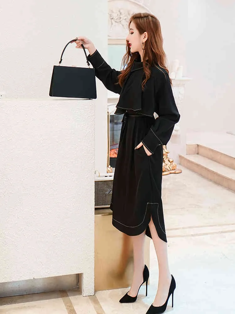 Une pièce demi-col haut coupe-vent robe automne femme version coréenne Office Lady genou longueur col roulé 210416
