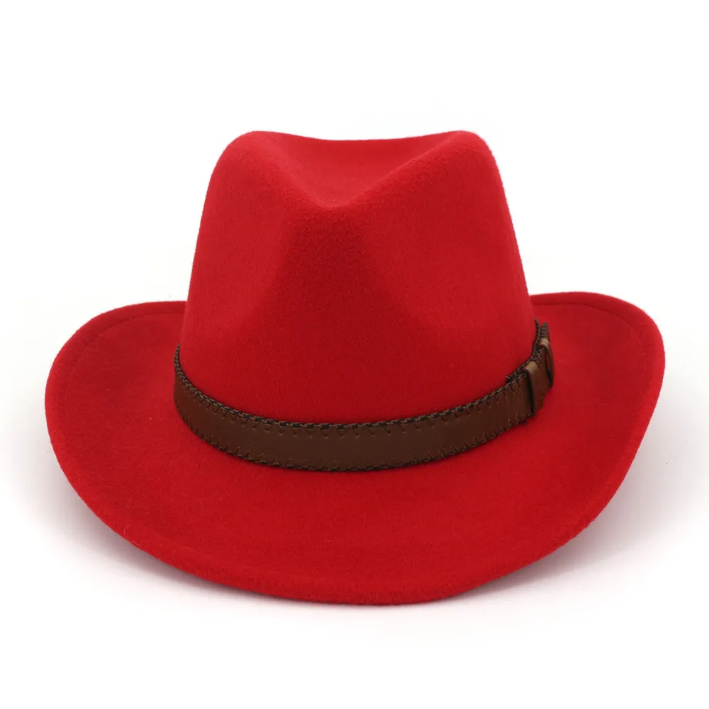 Chapeaux Fedora de Cowboy en feutre de laine à large bord, avec bracelet en cuir marron foncé, pour femmes et hommes, casquette formelle de fête classique, Whole2326