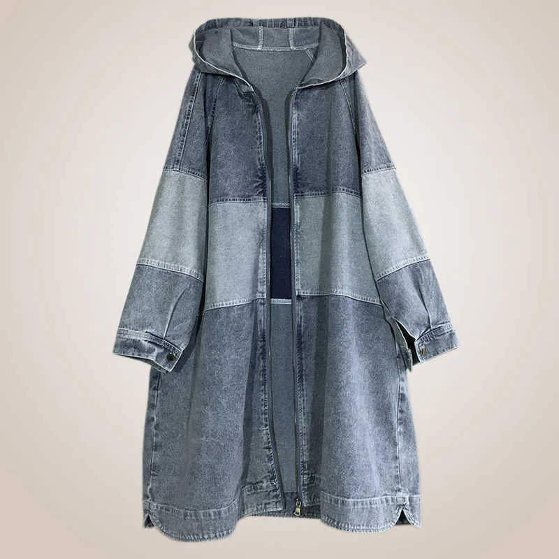 Koreańska średnia długość Denim Wiatrówka Kobiety Luźna Jesień Moda Z Kapturem Trench Coat 210615