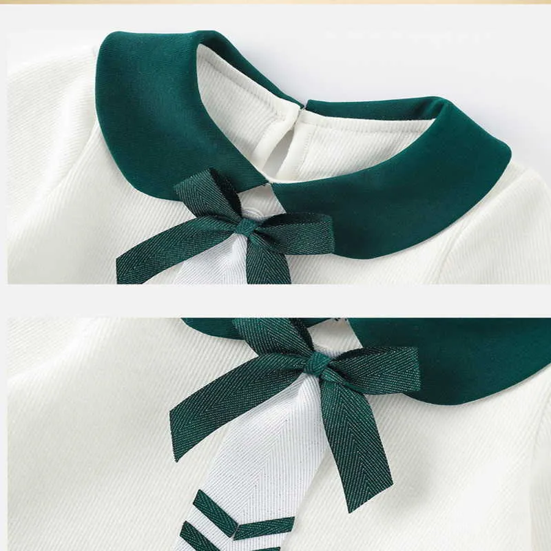 도매 봄 여자 2-PCS 긴 소매 활 피터 팬 칼라 탑 + 녹색 격자 무늬 드레스 귀여운 아이 의류 E9156 210610