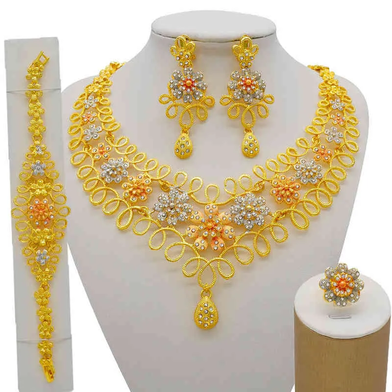 Nigeria Dubai 24K Gold Fine Flowers Jewelry Sets African Bridal Wedding Gifts Party For Women Bracelet Necklace Earrings Ring Se 2232h