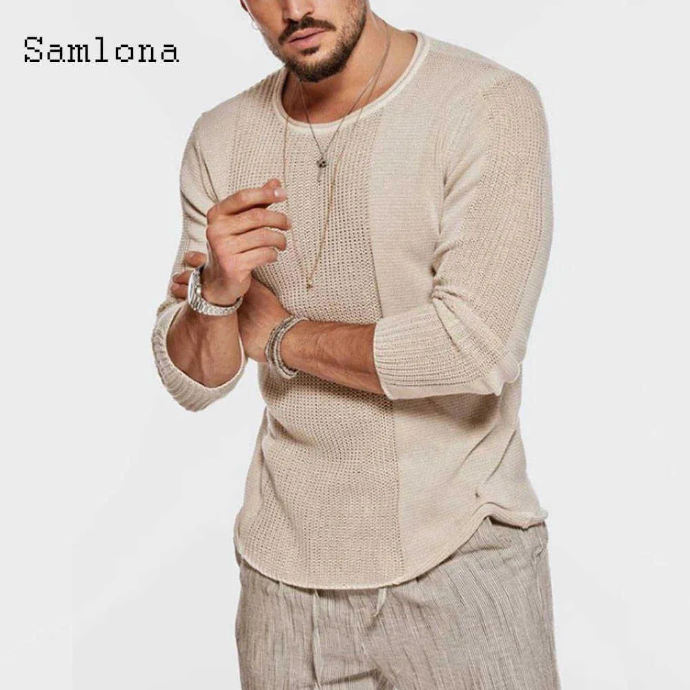 Samlona Pull à tricoter Hommes Automne Nouveau Loisirs Casual Manches longues Top plissé Pulls Pulls Kaki Gris Hommes Vêtements 2020 Y0907