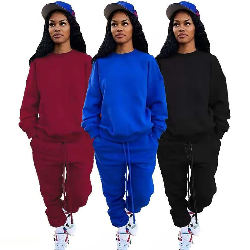 Women Set Casual Pullover Sweat Suits Tracksuits Winter Clothes Solid Thick Warm Jogging Sweatshirts and Sweatpants 210517