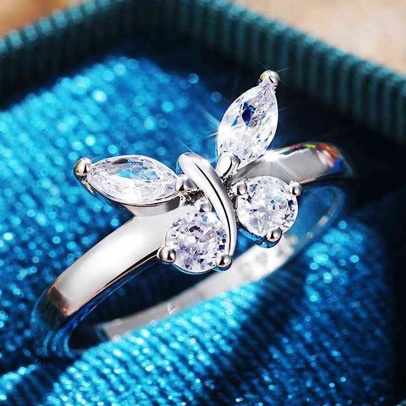 Delicado lindo borboleta em forma de cristal strass zircon anel de senhoras com AAA CZ para mulheres festa jóias de casamento G1125