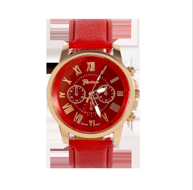Relógio vermelho três subidiais retrô genebra, relógio de pulso feminino tendência de quartzo com pulseira de couro 298o