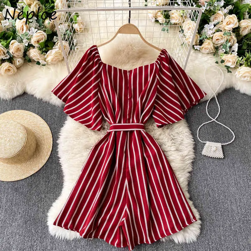 Neploe Vintage Striped Multicolor Jumpsuit Kvinnor Hög midja Hip Sashes Bodysuit Femme Sommar Kortärmad Playsuit 210510