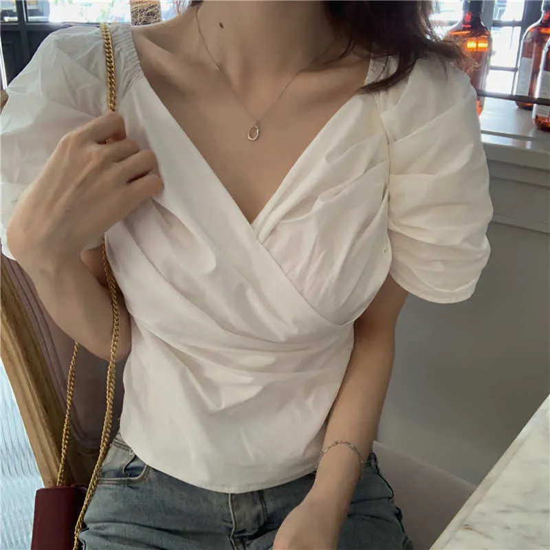 Yaz Beyaz V Boyun Puf Kollu Pileli Bluz Kadınlar Kısa Japonya Tarzı Retro Slim Tatlı Kazaklar Ekose Gömlek Blusas 210610 Tops