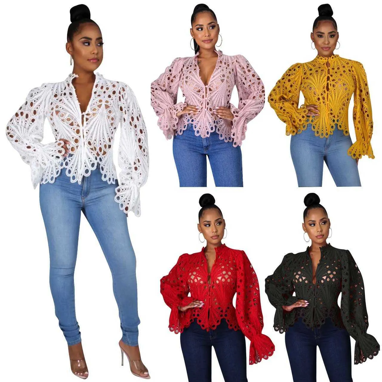 Women Sexy Hollow Out Shirt Designer Trumpet Sleeves Breathable Lace Shirts Stand Collar Cardigan Sweaters Tops