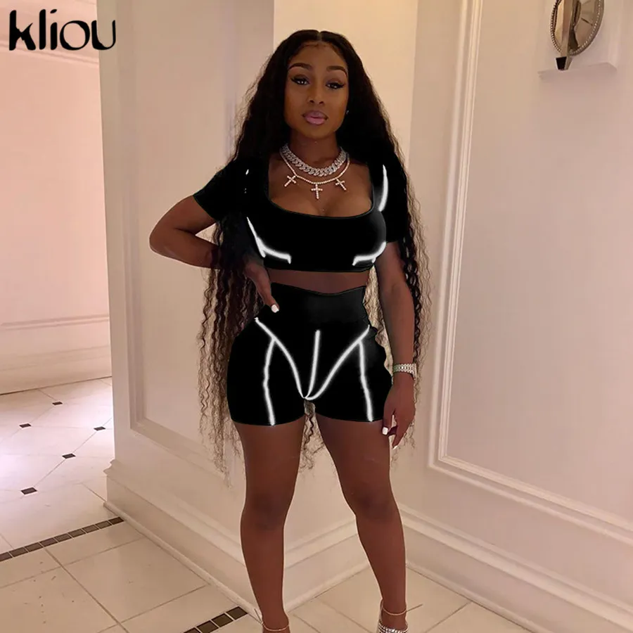 Kliou women Reflective two pieces set classic short sleeve strapless biker crop tops striped+patchwork shorts female outfits hot X0428