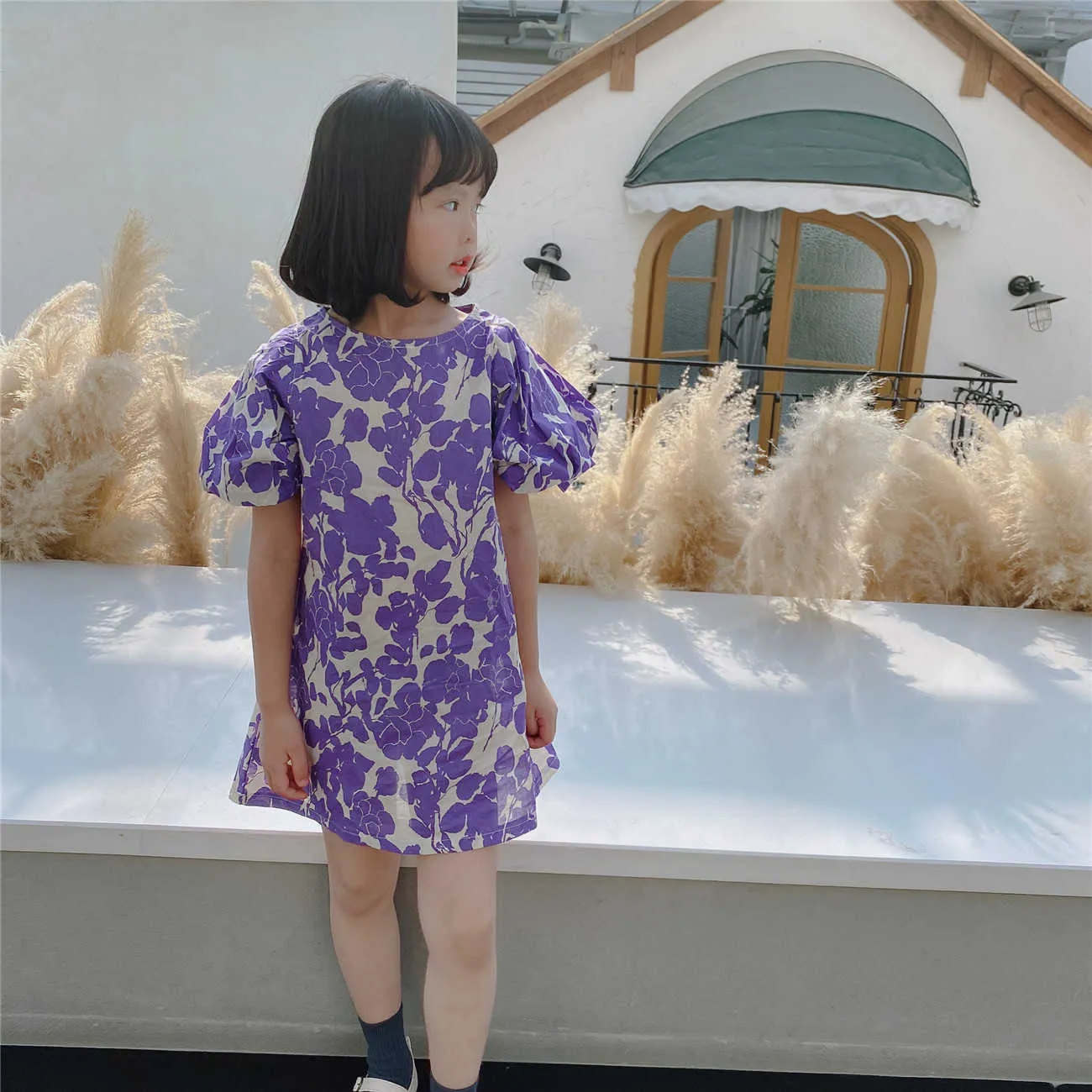 Ropa para niños de primavera y verano Vestido de niñas Vestido de flor púrpura Vestido para niños Ropa de niña bebé 210701