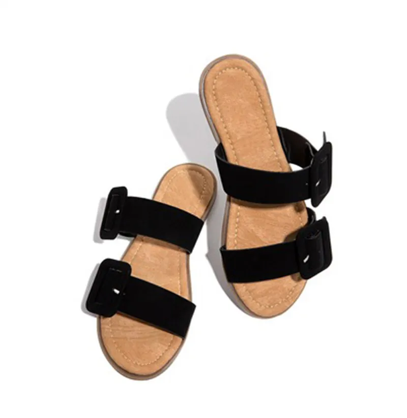 Pantofole da donna Flat Woman Belt Buckle Square Sandali Casual Open Toe Beach Shoes Female Fashion Slides 2020 Ladies Outdoor Shoes