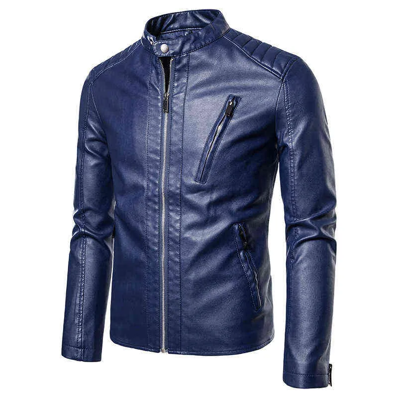 autumn and winter British Slim tooling leather jacket stand collar solid color men's motorcycle leather jacket coats 211110