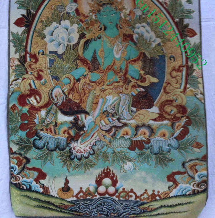 Tibet Buddhism Silk embroidery Seat Green Tara Thangka Painting Mural. 211108