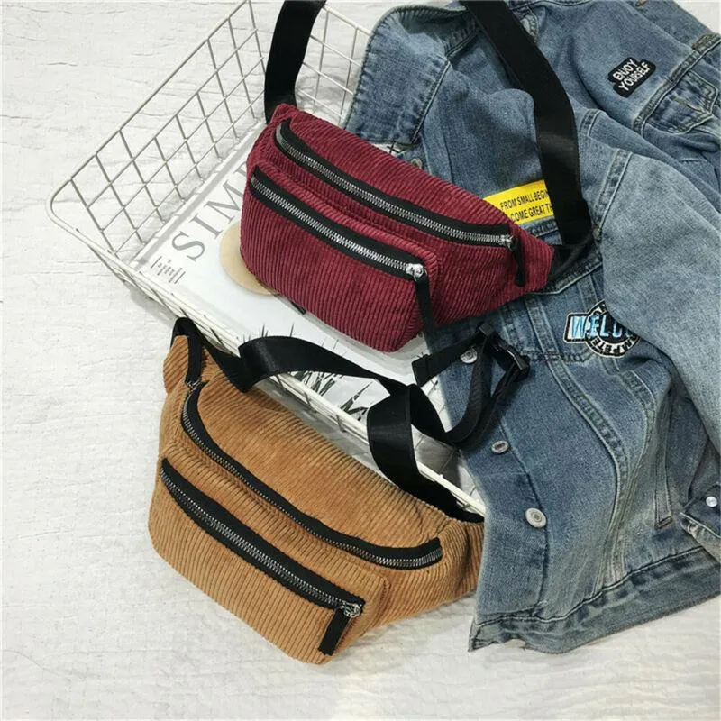 Waist Bags 2021 Womens Bag Fanny Pack Corduroy Belt Purse Small Phone Key Pouch White Black Packs217f