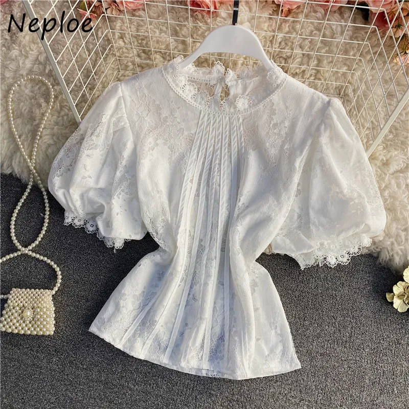 Neploe O Pescoço Puff Manga Curta Pullover Blusa Mulheres Elegante Impressão Férias Bohemian Blusas Primavera Slim Shirt All Match 210510