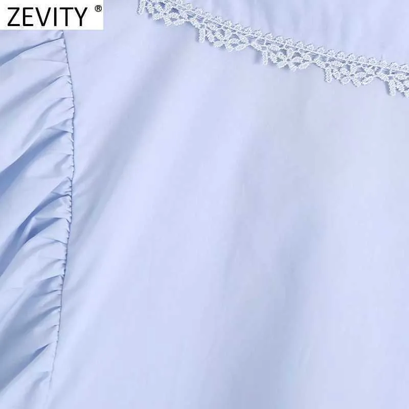 Zevity femmes doux dentelle épissé col claudine solide chemise robe femme Chic pli papillon manches décontracté Vestidos DS8342 210603