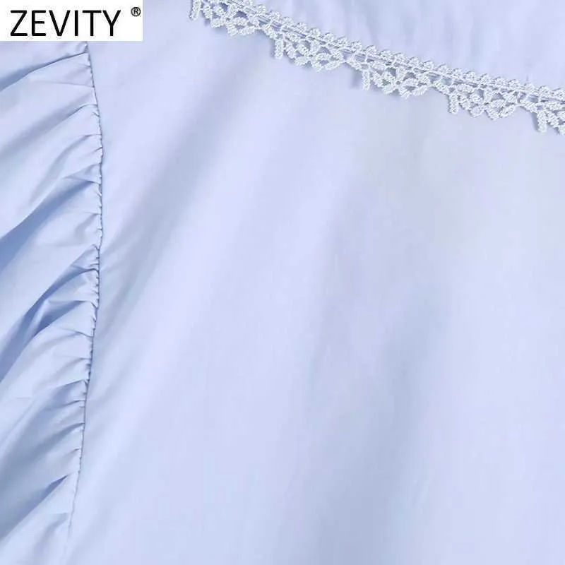 Zevity Kobiety Słodka Koronka Łączone Peter Pan Collar Solidna Koszula Sukienka Kobieta Chic Pleat Butterfly Sleeve Casual Vestidos DS8342 210603