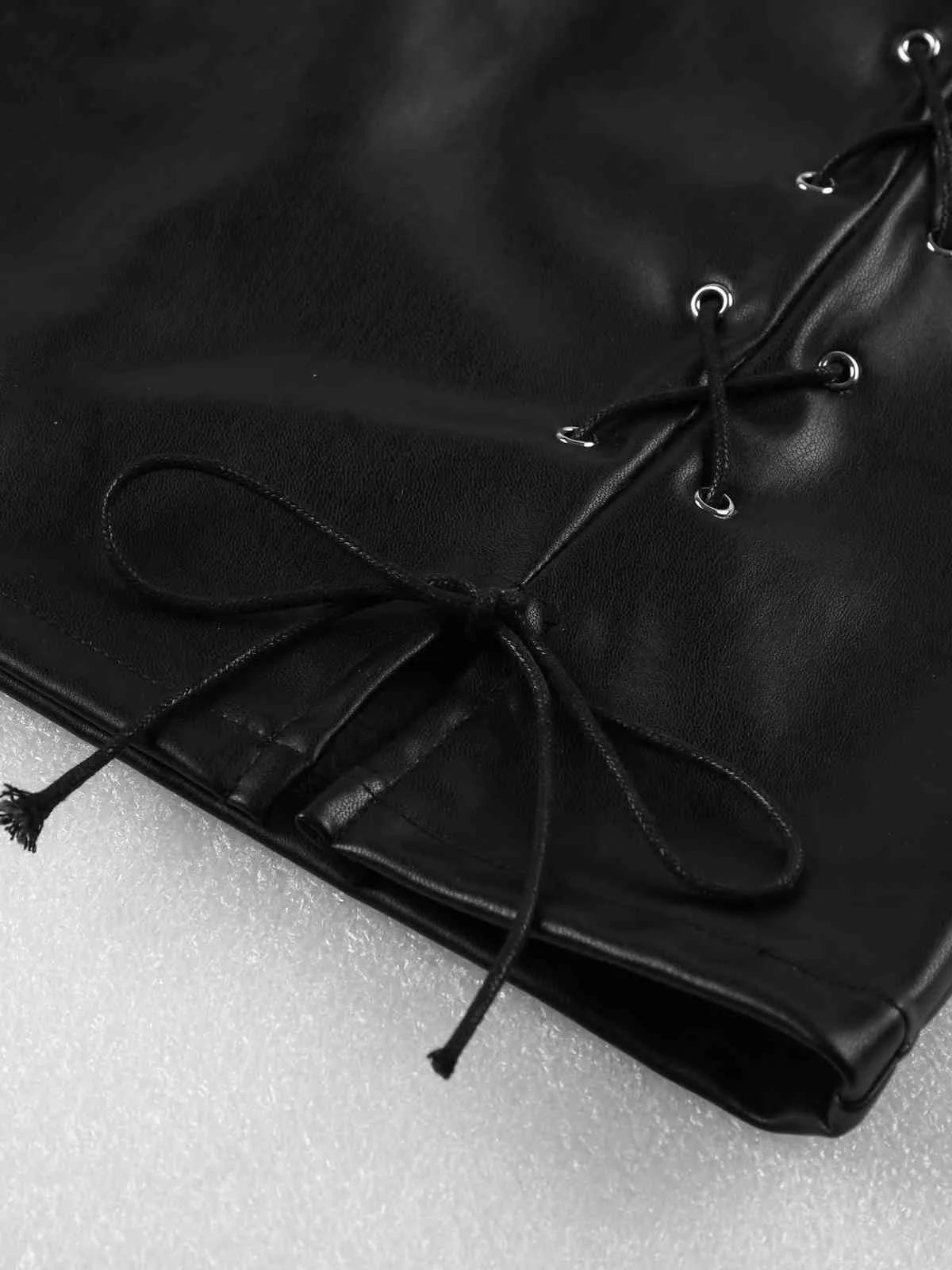 Kobiety Latex Ołówek Spódnica Sexy Wysoka Talia Moda Bodycon Black PU Skórzane Office Spódnice Damskie Side Split Lace-Up Minispirt 2021 x0428