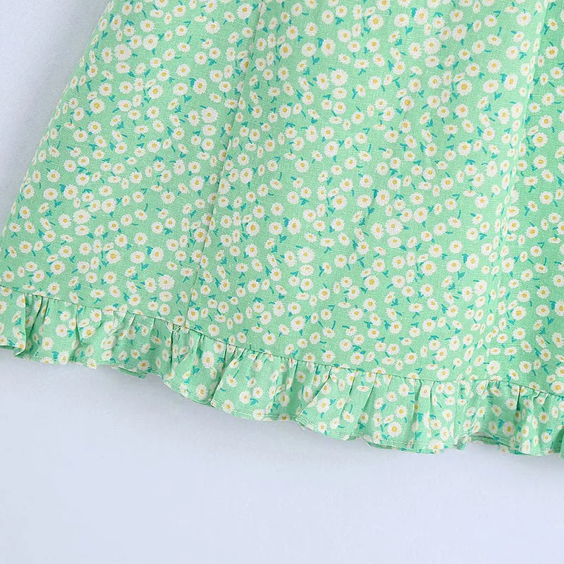 Frauen Sommer Vintage Mini Kleid ZA Floral Print Puff Sleeve Schärpen Weibliche Süße Elegante Straße Leinen Kleider Vestidos 210513