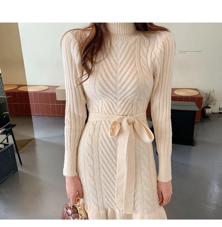 Winter Koreanische Chic Stil Schlanke Meerjungfrau Kleider Rollkragen Warme Pullover Spitze Up Vestido Da Festa 210520