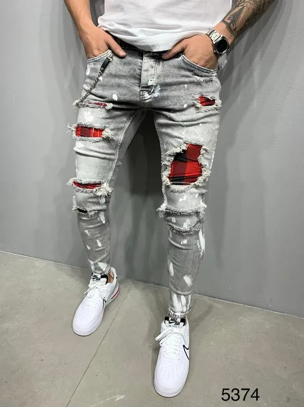 Mode Herrhål Slimbyxor Stil Mäns Färg Svart / Blå / Grå Hiphop Kvalitet Bomull Jeans 220311