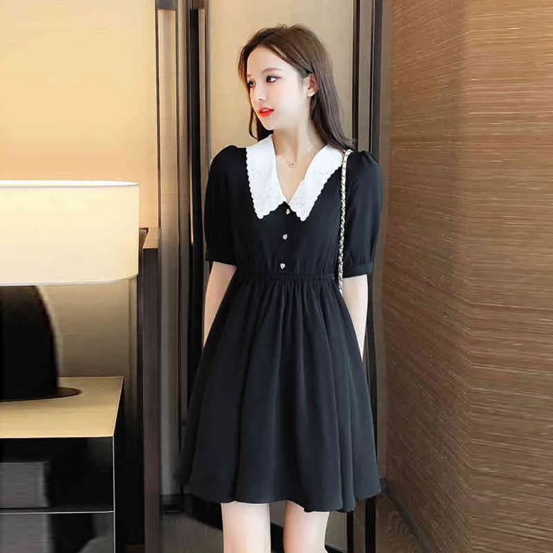 Damskie sukienki Plisowane Patchwork Peter Pan Collar Pojedynczy Przycisk Wysoka talia Koreańska kobieta Mini Dress Kobieta Vestidos LS385 210506