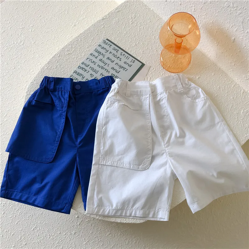 Summer big pocket solid color thin casual knee length pants 2-7 years unisex loose cotton shorts 210508