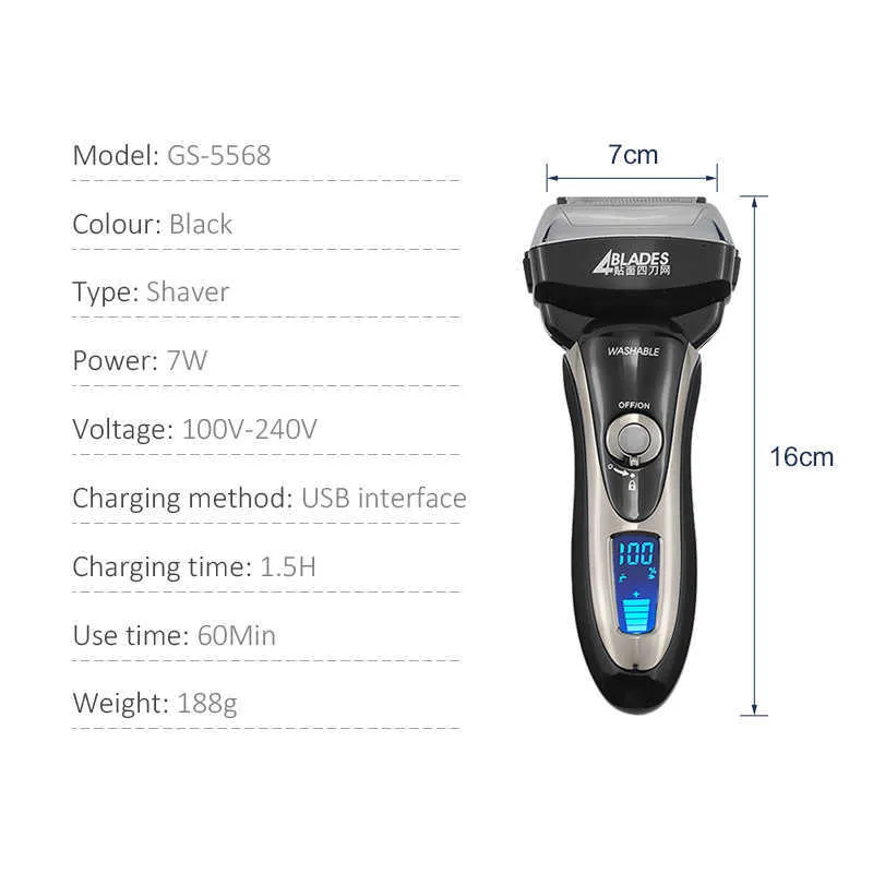 Haircut Men Trimmer Machine Shaving Electric Beard Razor IPX 6 Vattentäta Shavers Four Blade Led Display Facial Clipper P0817